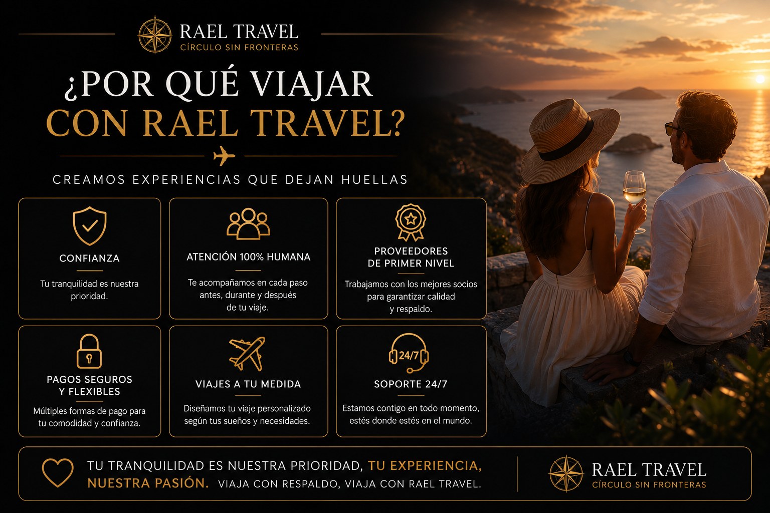 Por qué viajar con RAEL Travel: confianza, atención humana, proveedores, pagos seguros, viajes a la medida y soporte